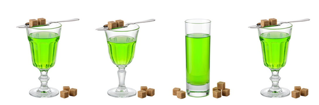 Green Absinthe Drinks with Sugar Cubes and Spoon on Transparent Background