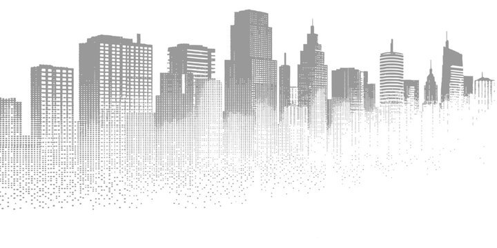 Modern city skyline with halftone dot fade effect urban cityscape vector illustration.