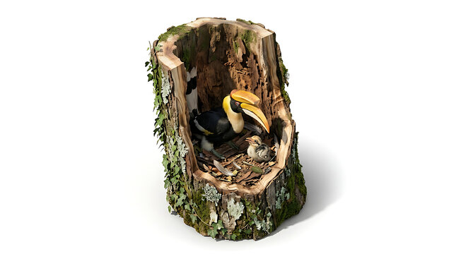 Hornbill mother bird feeding hatchling chick inside natural tree hollow cavity with mossy bark for wildlife education.