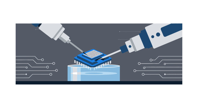 Robotic arms assembling a microprocessor chip in a lab setting for semiconductor manufacturing and AI tech.