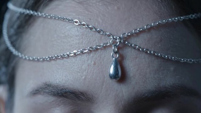 Delicate Silver Chain Forehead Jewelry with Teardrop Pendant on Woman Forehead Macro