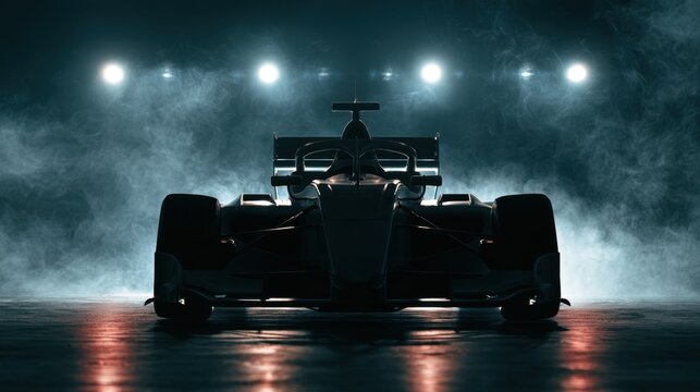 High performance single seat racing car silhouette on misty track with dramatic backlighting and spotlights at night