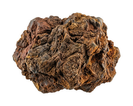 One craggy brown volcanic rock isolated on transparent background for geology study layout