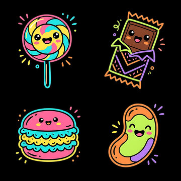 Cute kawaii dessert doodle set with lollipop chocolate bar macaron