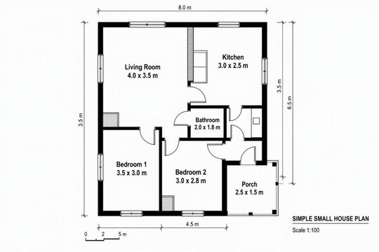Detailed Small House Floor Plan with Exact Room Dimensions and Scale Bar