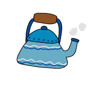 Cute kawaii blue tea kettle with boiling steam vector illustration