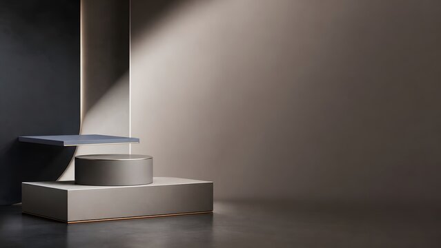 Minimalist luxury product display background with grey geometric podiums and soft light