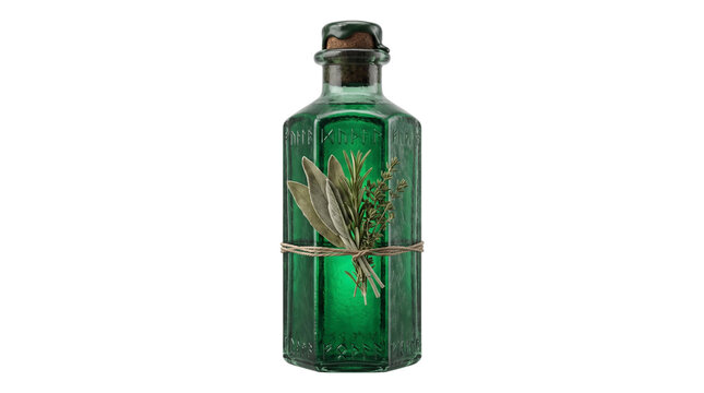 Green potion bottle with herbs tied with twine, isolated on transparent background