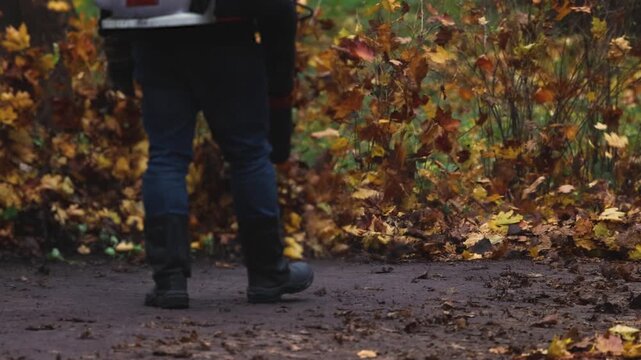 Worker with a backpack petrol leaf blower removing fallen autumn leaves on a park path, seasonal cleaning of yellow and brown foliage with garden power tools, municipal park maintenance in autumn