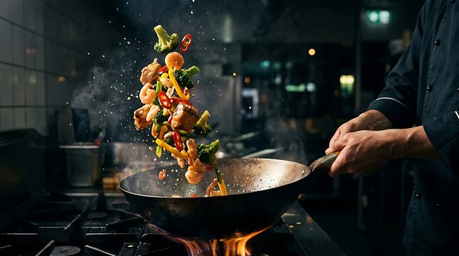 Chef tossing fresh shrimp and vegetables in a professional kitchen wok