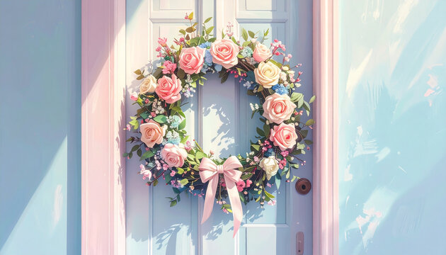 Floral Wreath with Pink Bow on Blue Door