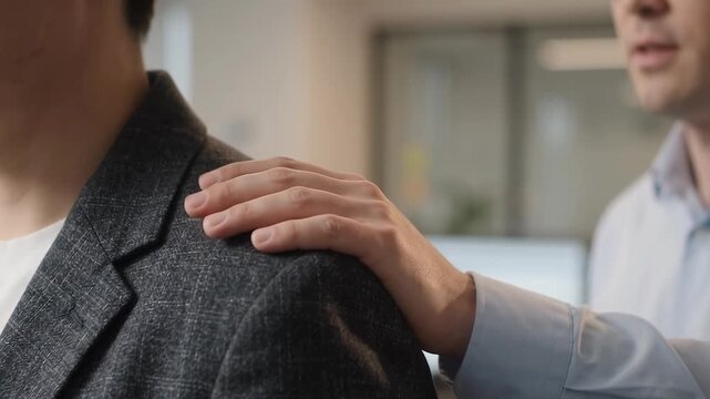Colleague Placing Supportive Hand on Coworker Shoulder in Office Compassion and Empathy