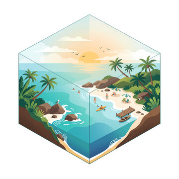 Isometric tropical island beach cross-section diorama sticker with people kayaking, swimming, and a wooden dock vector illustration