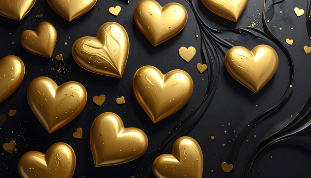 Luxurious golden hearts on black textured background