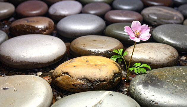 Pink flower blooming on wet zen stones tranquil nature scene