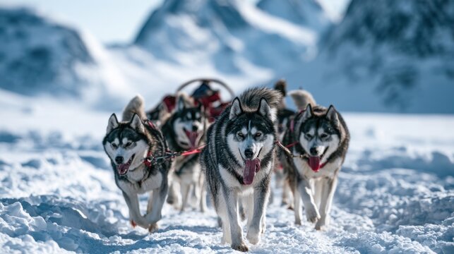 Team of sled dog running through snow in cold winter landscape with mountain background during daytime