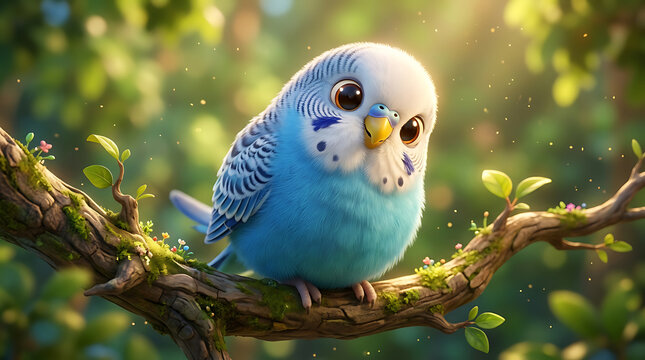 Blue and yellow parrot sitting on a tree branch in natural sunlight