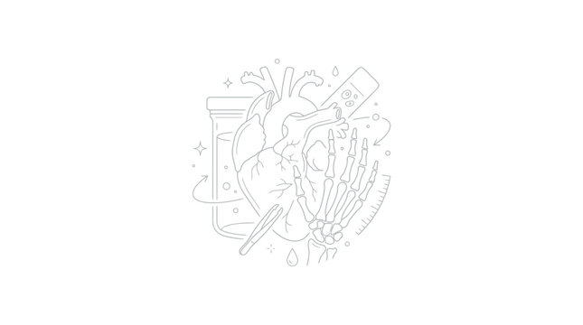 A stylized illustration depicts a human heart with a skeleton hand reaching for it, surrounded by a lab vial and medical tubing, suggesting themes of life, mortality, and medical intervention.