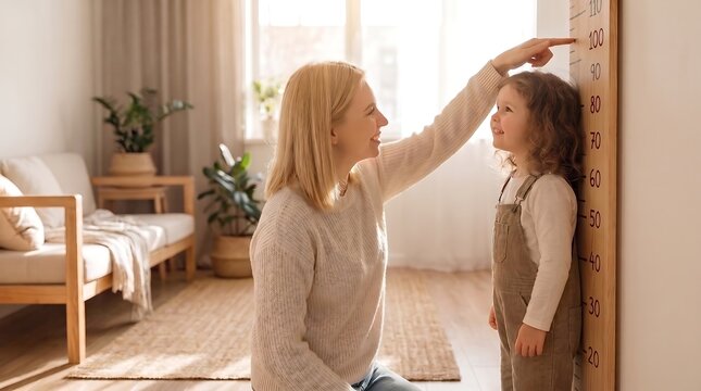 Caring Mother Measuring Height of Her Little Daughter Using Growth Chart at Home