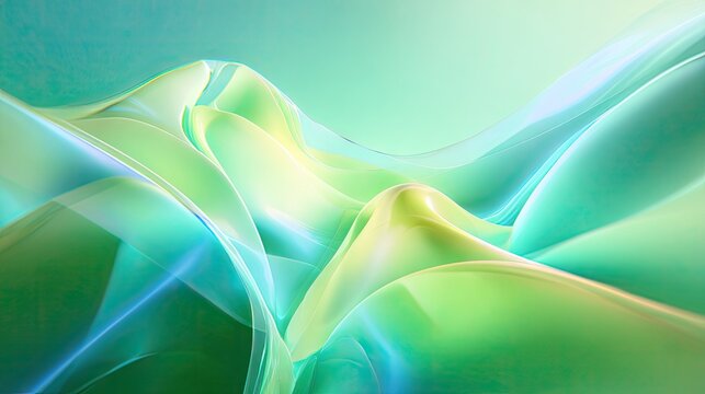 Flowing abstract waves undulate across a vibrant gradient background of green and cyan tones.