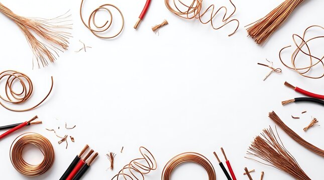 Assortment of Copper Wires and Electrical Cables Arranged as a Frame on a White Background with Copy Space, Concept for Metal Recycling, Industrial...