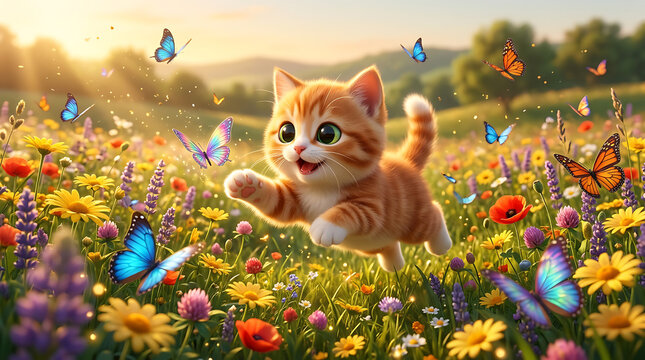 Cute cartoon bunny sitting in a colorful flower field on a sunny day