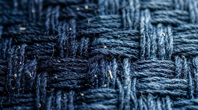 Macro close up of dark blue woven fabric texture showing detailed