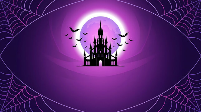Haunted gothic castle silhouette with full moon, flying bats and symmetrical spider webs in violet flat vector Halloween scene