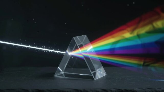 Light refraction through a glass prism creating a rainbow spectrum, physics experiment on black background