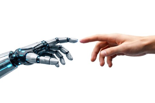 Human hand touching robotic hand, symbolizing AI and human connection.