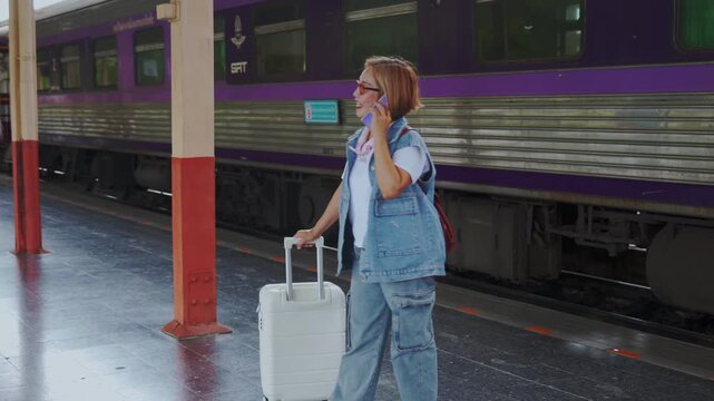 A stylish woman in a denim vest walks along a train station platform pulling a white suitcase while talking on her phone with a purple train waiting behind her in a calm travel moment full of quiet ur