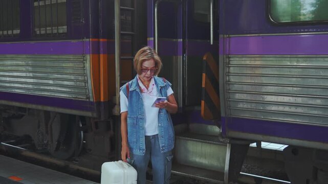 A mature woman traveler steps down from a purple train carriage checking her phone while pulling her suitcase along the platform in a calm railway station setting that suggests independent travel and 