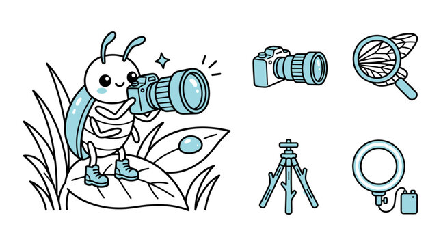 Charming ladybug insect with camera and macro photography gear, delightful nature illustration.