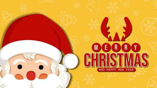 4K cute Christmas loop: peeking Santa Claus beside a red reindeer antler 'Merry Christmas' emblem on yellow doodle background. Ideal backdrop for holiday video intros, festive promos, and ads.