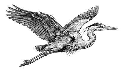 Naklejka premium Vintage hand drawn flying heron illustration, detailed bird engraving line art, monochrome crane in flight vector graphics for logo design