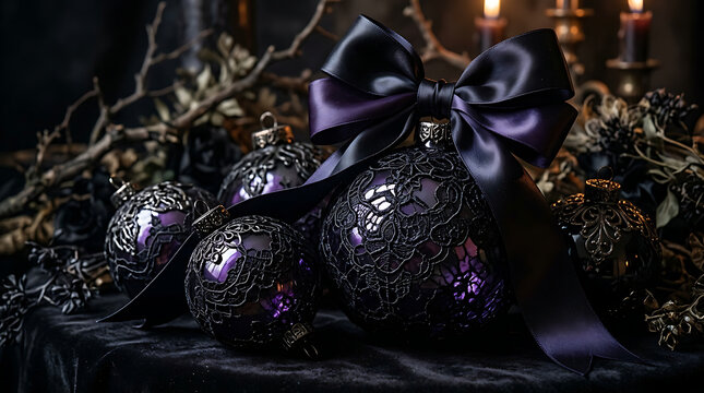 Close-up of colorful christmas lights and ornaments on a dark tree branch
