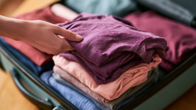 Close up of hand packing folded clothes into open suitcase for travel or vacation preparation on wooden floor background