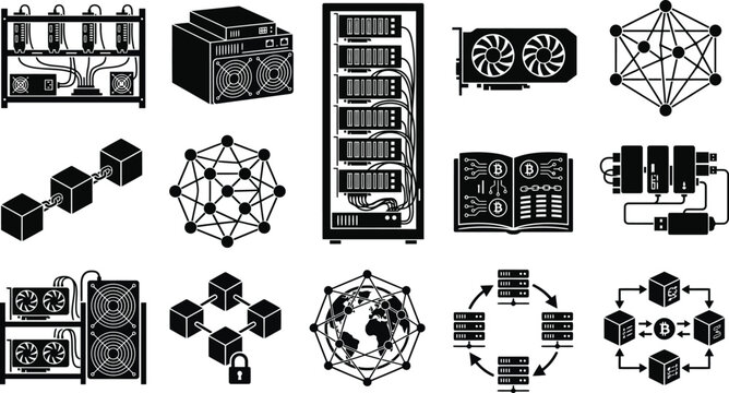 Cryptocurrency mining icons set, blockchain technology vector elements, server farm and data center hardware, 15 black and white digital finance symbols