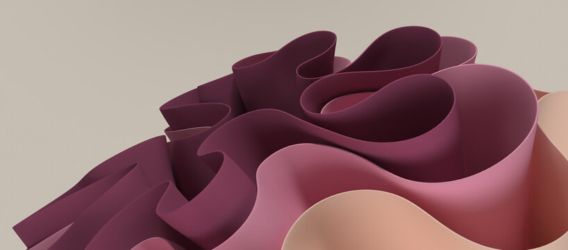 Abstract 3d layered fluid curved ribbon waves in warm pink and plum tones
