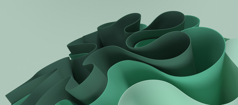 Abstract 3d layered fluid curved ribbon waves in green tones
