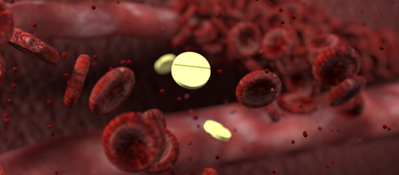 Yellow medicine tablets flowing through bloodstream with red blood cells
