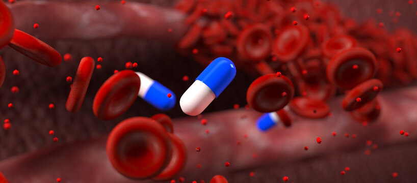 Blue and white medicine capsules flowing through bloodstream with red blood cellsBlue and white medicine capsules flowing through bloodstream with red blood cells