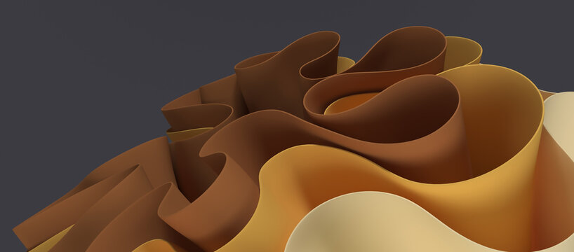 Abstract 3d layered fluid curved ribbon waves in warm earthy brown and yellow tones