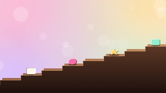 Playful candy-colored shapes hopping up chocolate-brown stairs to a rhythmic beat, pastel pink and mint background with soft sparkles and bokeh, seamless loop 4K