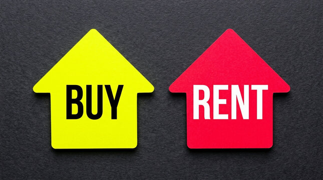 Comparing options of buying versus renting property, representing housing market choice and financial investment