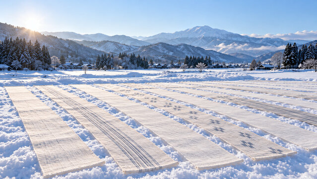 Snow Bleaching of White Ramie Cloth on a Sunny Snowfield 