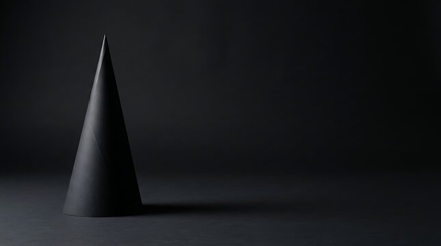 Minimalist black cone object standing on dark surface against empty backdrop for artistic geometry study or product concept.