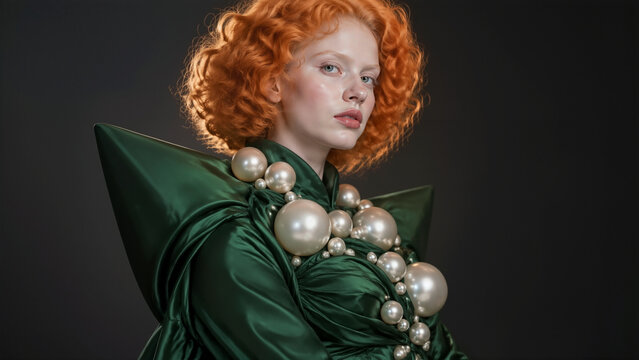 An Indian albino fashion model with vivid orange curls poses in an architectural emerald-green silk gown adorned with oversized iridescent pearls, against a charcoal studio background with dramatic ed