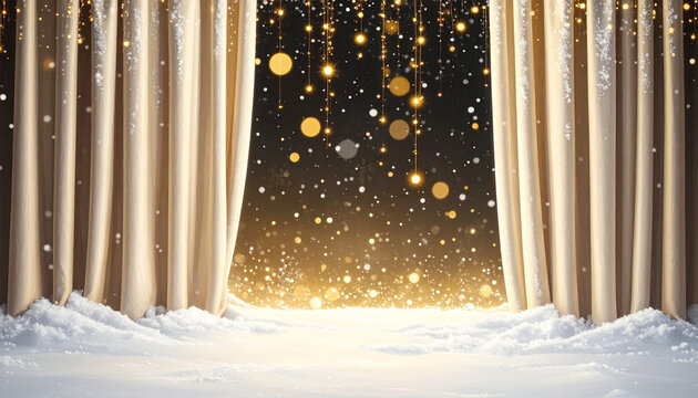 Festive golden lights and snow falling on stage curtains