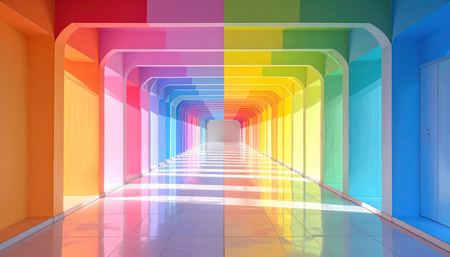 Futuristic rainbow-colored hallway with arched doorways and light reflections